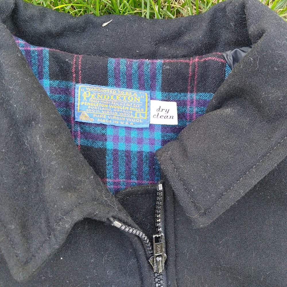 Vintage Pendleton Black Wool Blue Plaid Bomber Ja… - image 2